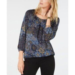 MICHAEL Michael Kors Multicolor Print Gathered-Neck Top - Size M